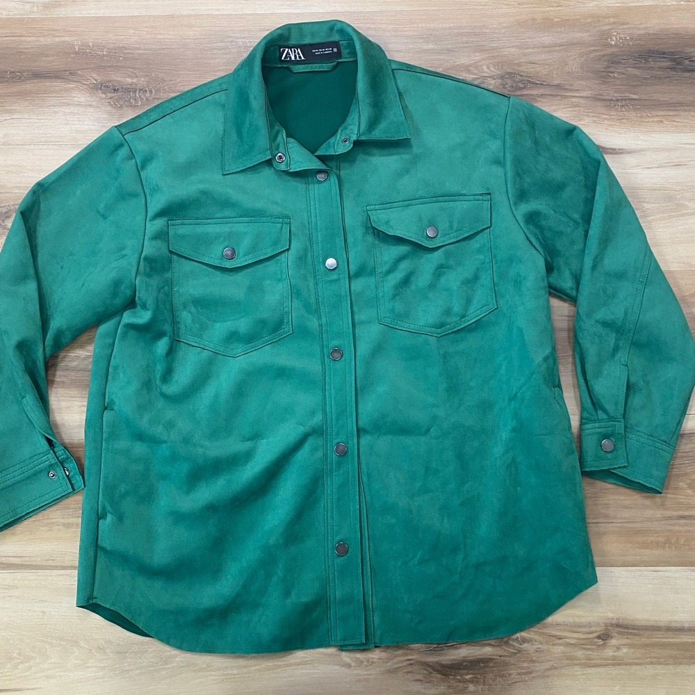 Zara Shirt Jacket Size M Faux Suede Western Overshirt Green Snap Front Mens